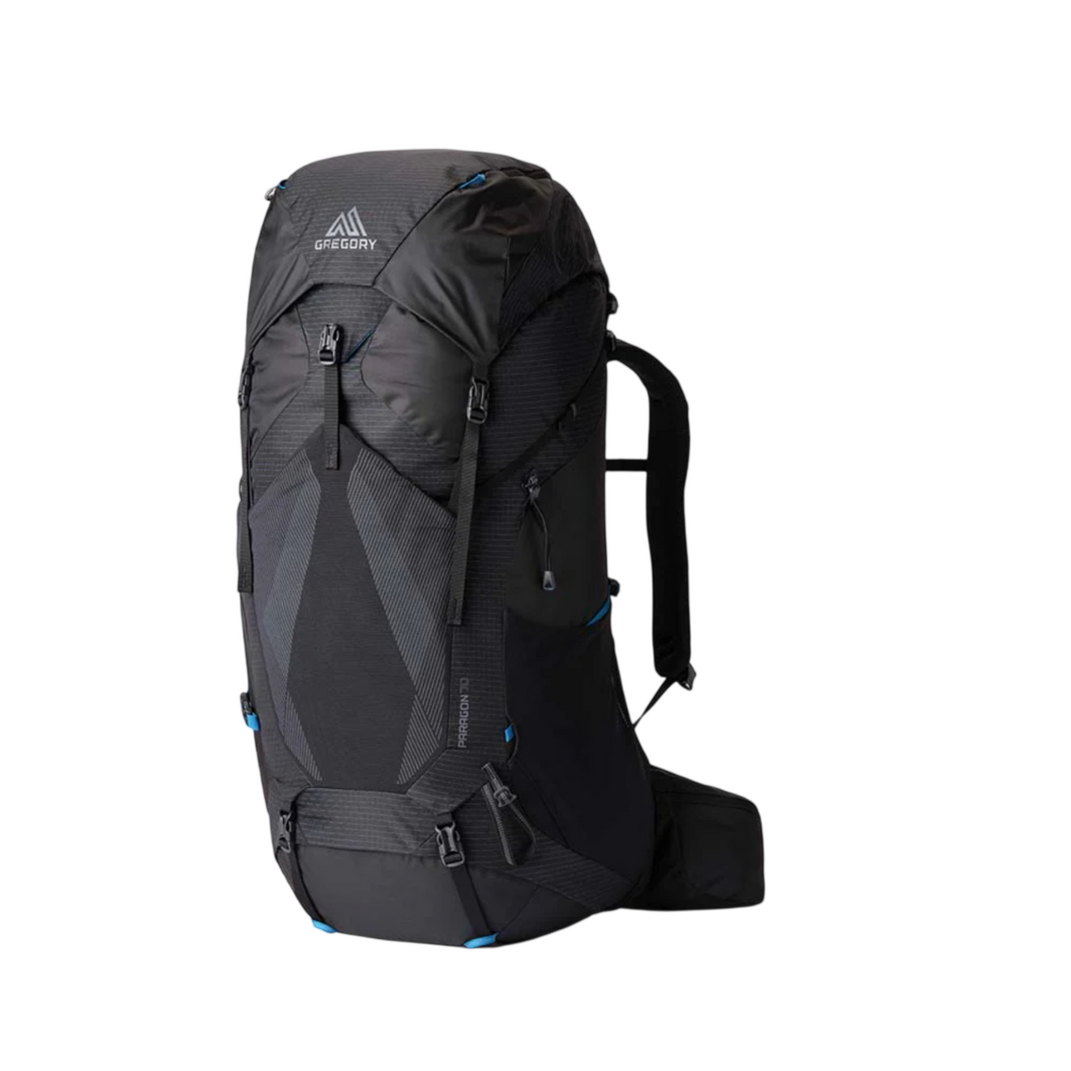 Gregory Paragon 70L Men's Backpack in Alpine Black - Front View with side-loading zipper access