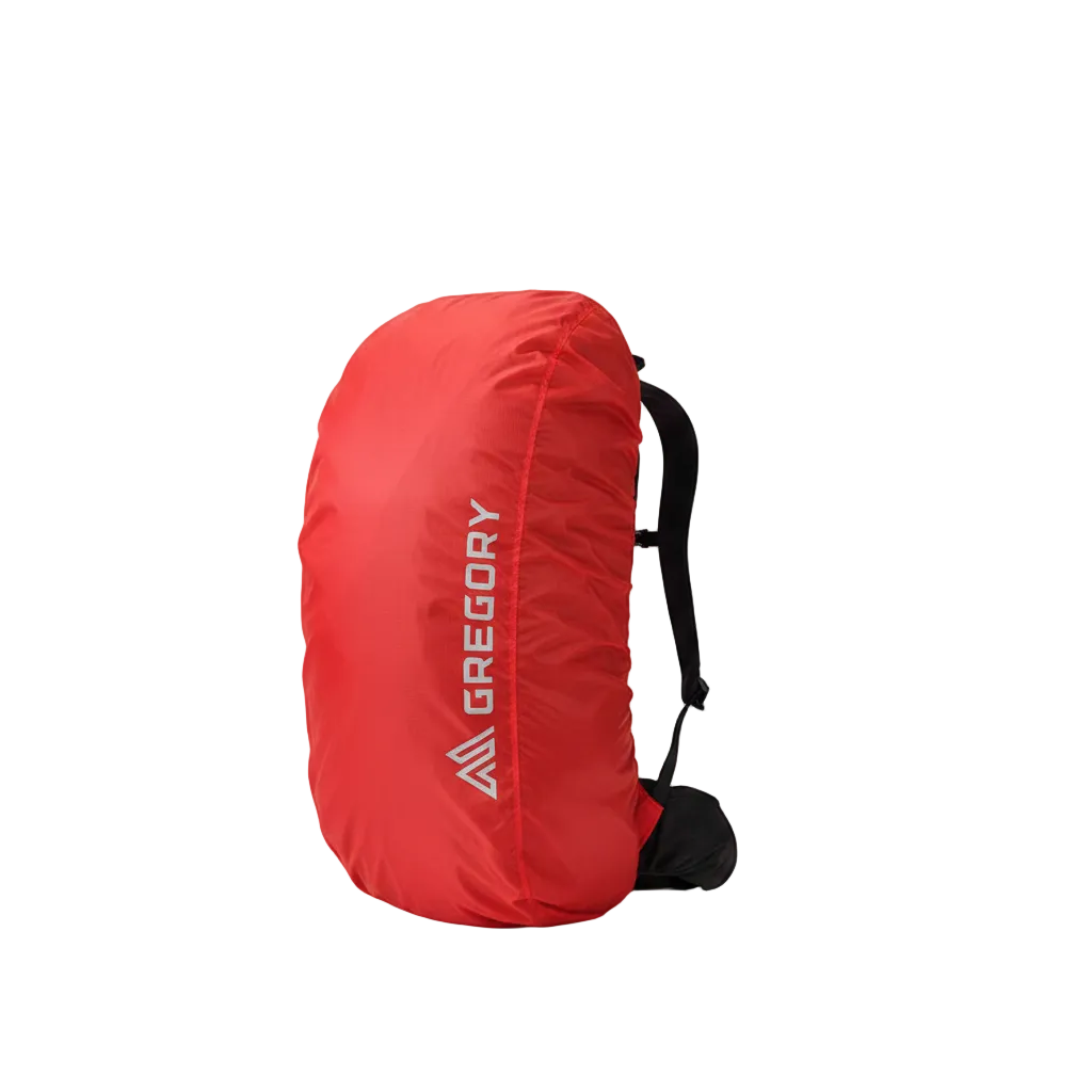 Red backpack cover with 'Gregory' branding on a white background