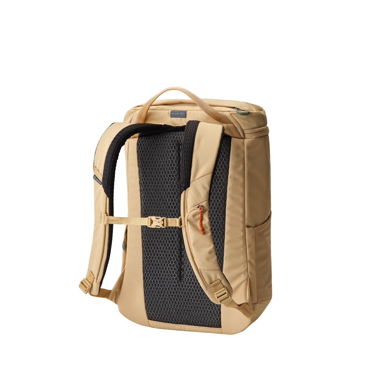 Gregory Rhune 25L Everyday Backpack in Sand Storm - Back View showing 90% open-air ventilation