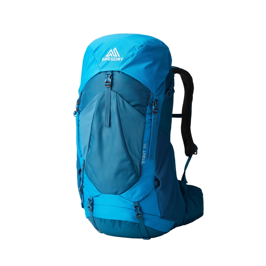 Gregory Stout 35L Men's Backpack in Compass Blue - Front View showing adjustable straps and mesh pockets