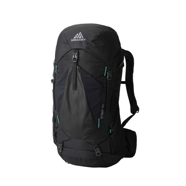 Gregory Stout 35L Men's Backpack in Forest Black - Front View with trekking pole attachments
