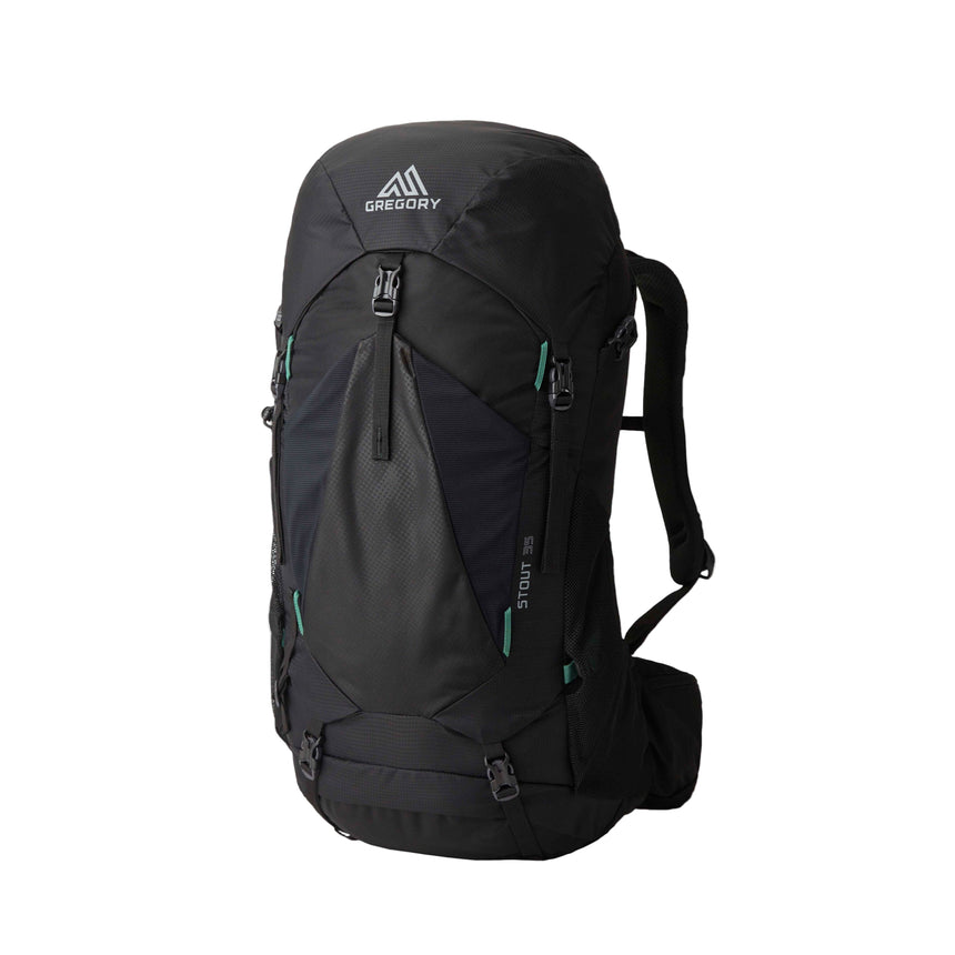Gregory Stout 35L Men's Backpack in Forest Black - Front View with trekking pole attachments