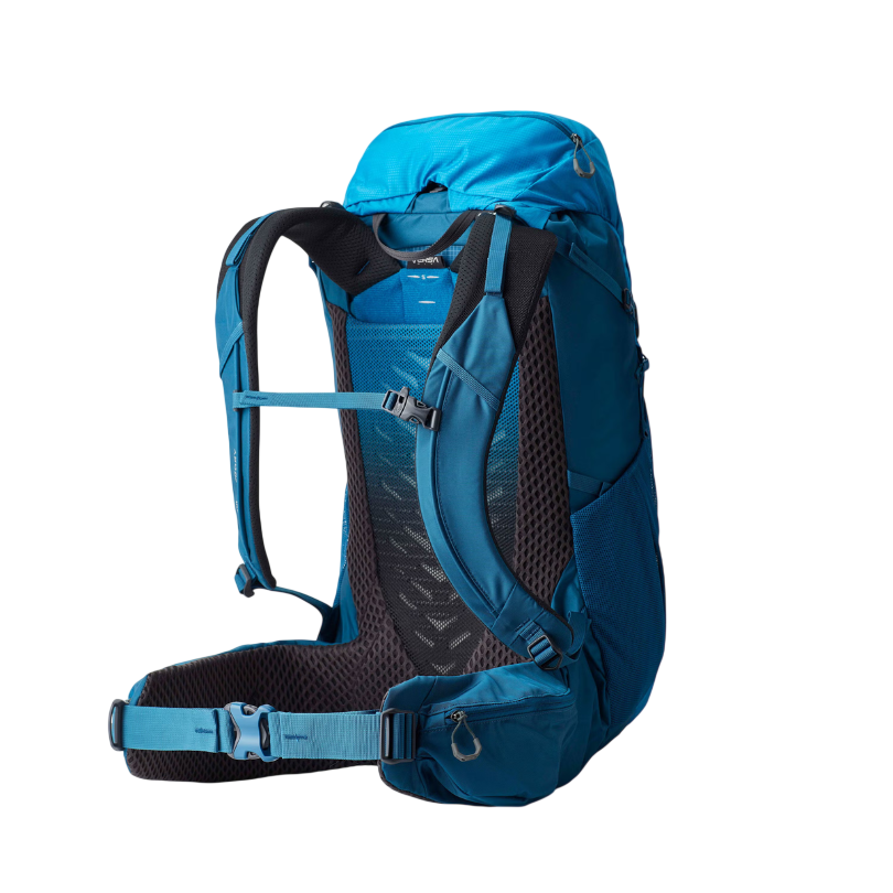 Gregory Stout 45L Men's Backpack in Compass Blue - Back View showing wishbone alloy frame and suspension
