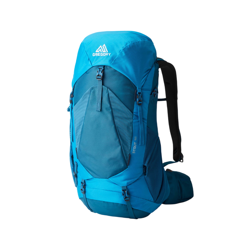 Gregory Stout 45L Men's Backpack in Compass Blue - Front View with trekking pole attachments