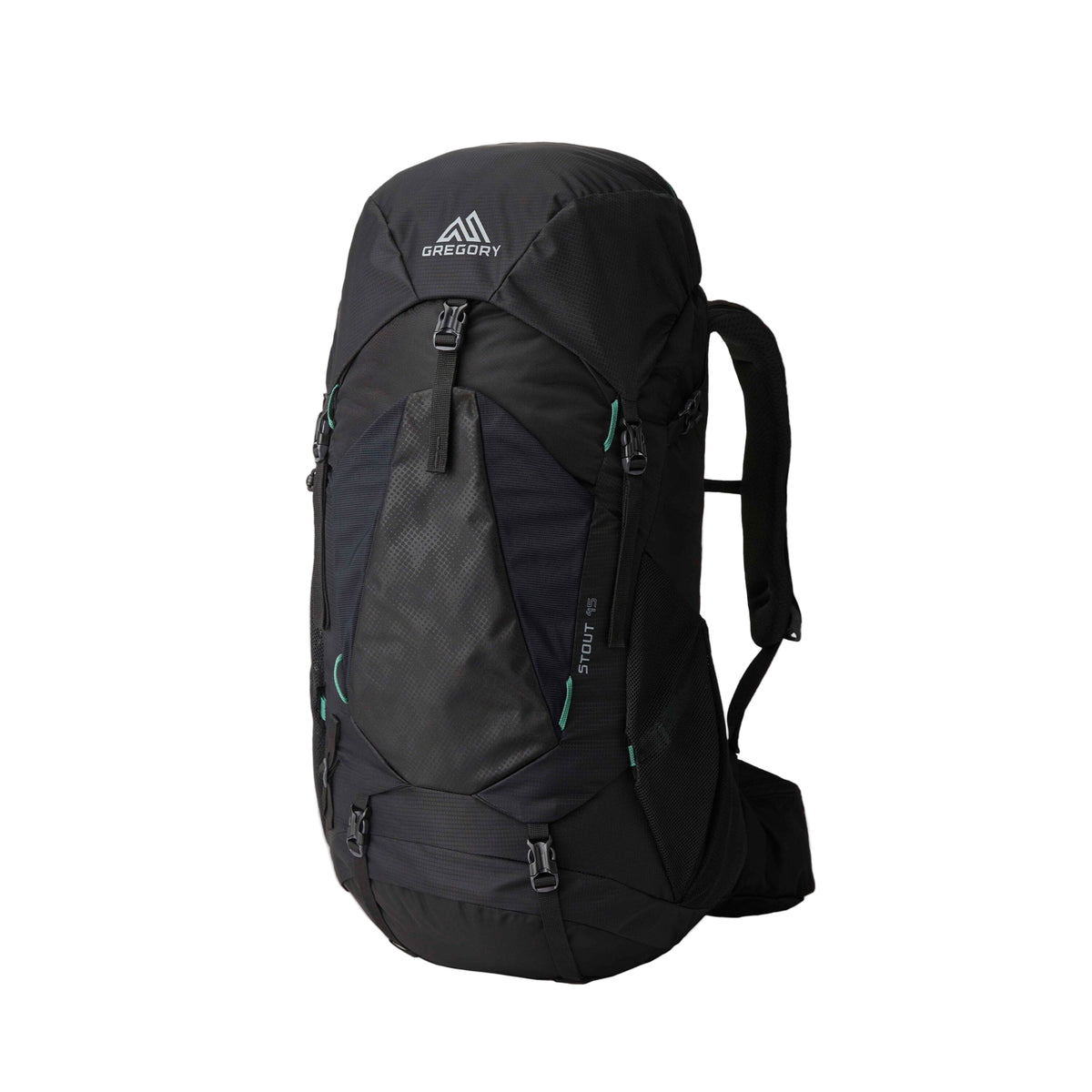 Gregory Stout 45L Men's Backpack in Forest Black - Front View showing adjustable straps and mesh pockets