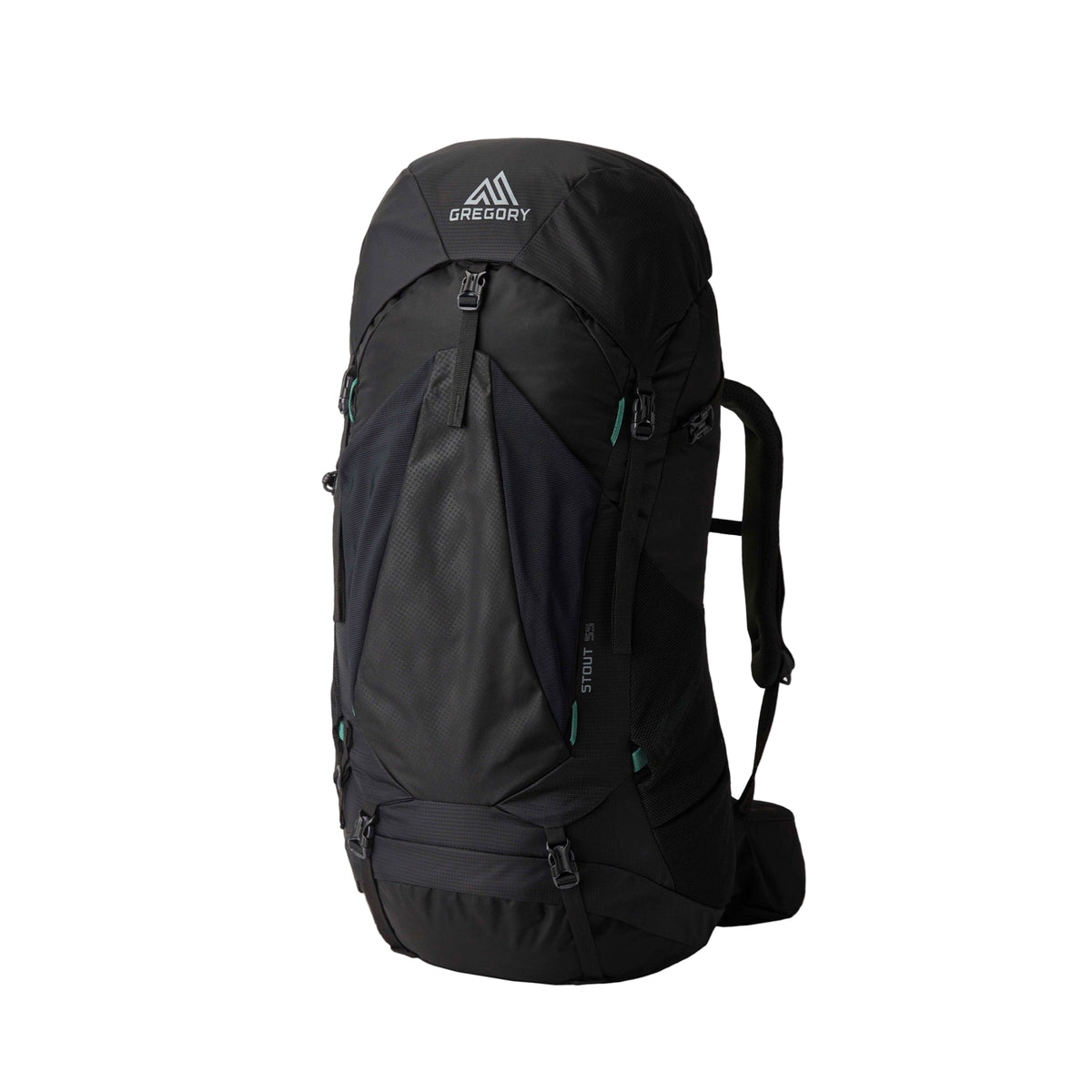 Gregory Stout 55L Men's Backpack in Forest Black - Front View showing adjustable straps and oversized mesh pockets