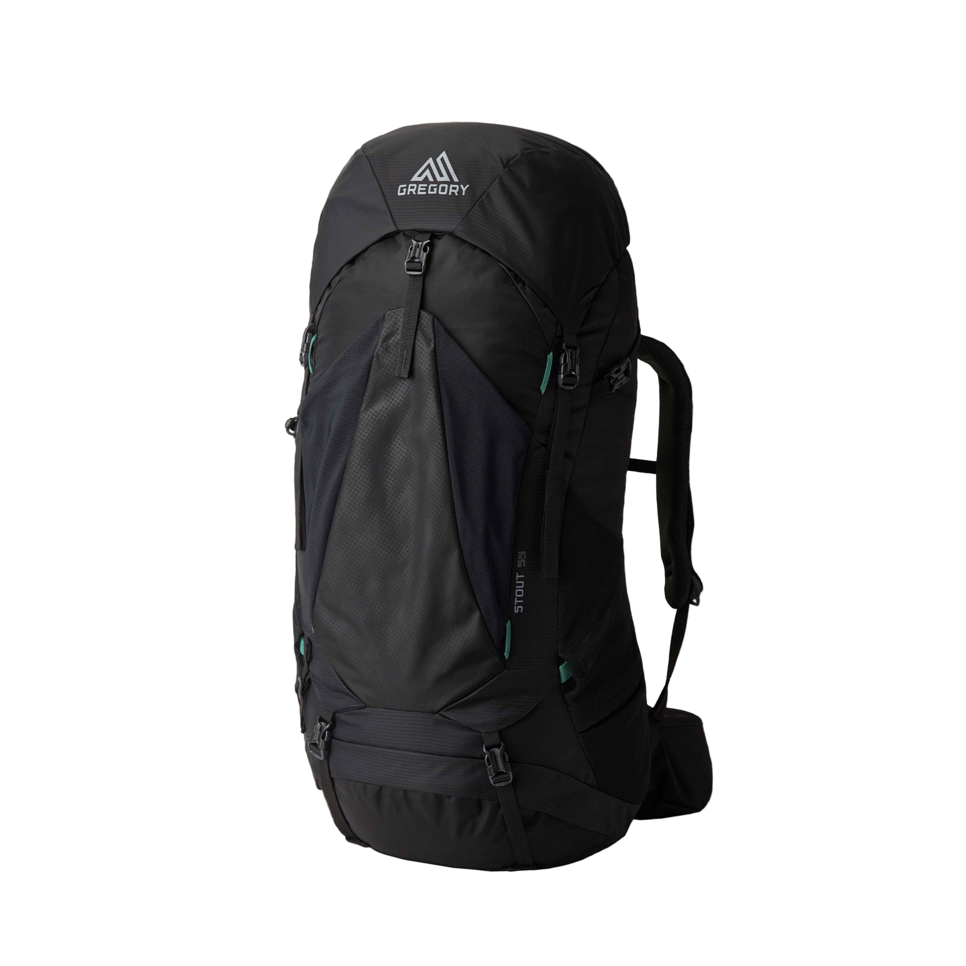 Gregory Stout 55L Men's Backpack in Forest Black - Front View showing adjustable straps and oversized mesh pockets