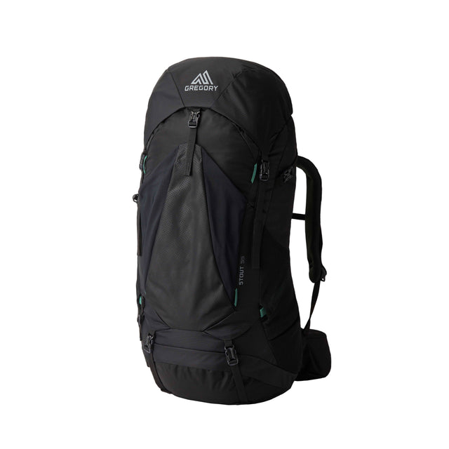 Gregory Stout 55L Men's Backpack in Forest Black - Front View showing adjustable straps and oversized mesh pockets