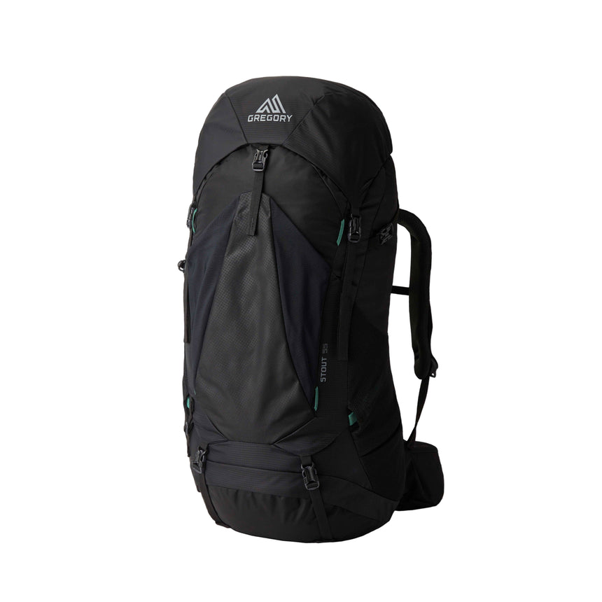 Gregory Stout 55L Men's Backpack in Forest Black - Front View showing adjustable straps and oversized mesh pockets