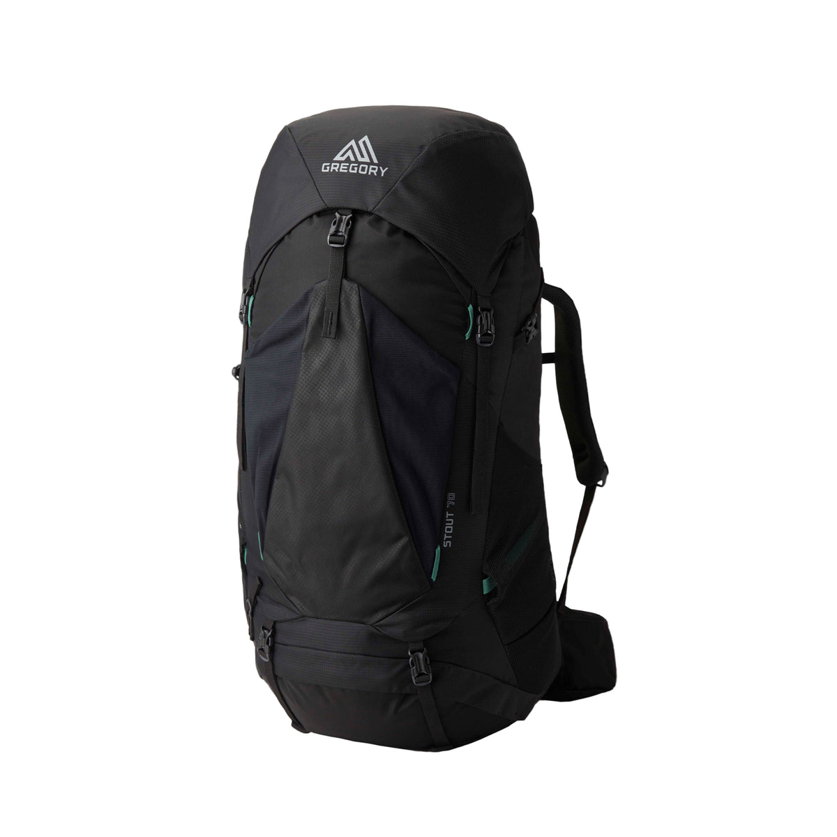 Gregory Stout 70L Men's Backpack in Forest Black - Front View showing adjustable straps and oversized mesh pockets