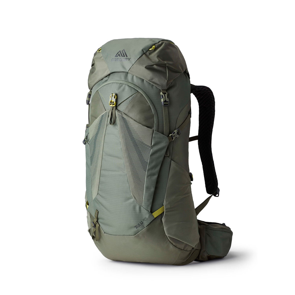 Gregory Zulu 45L Men's Backpack in Forage Green - Front View with FreeFloat suspension and U-zip access