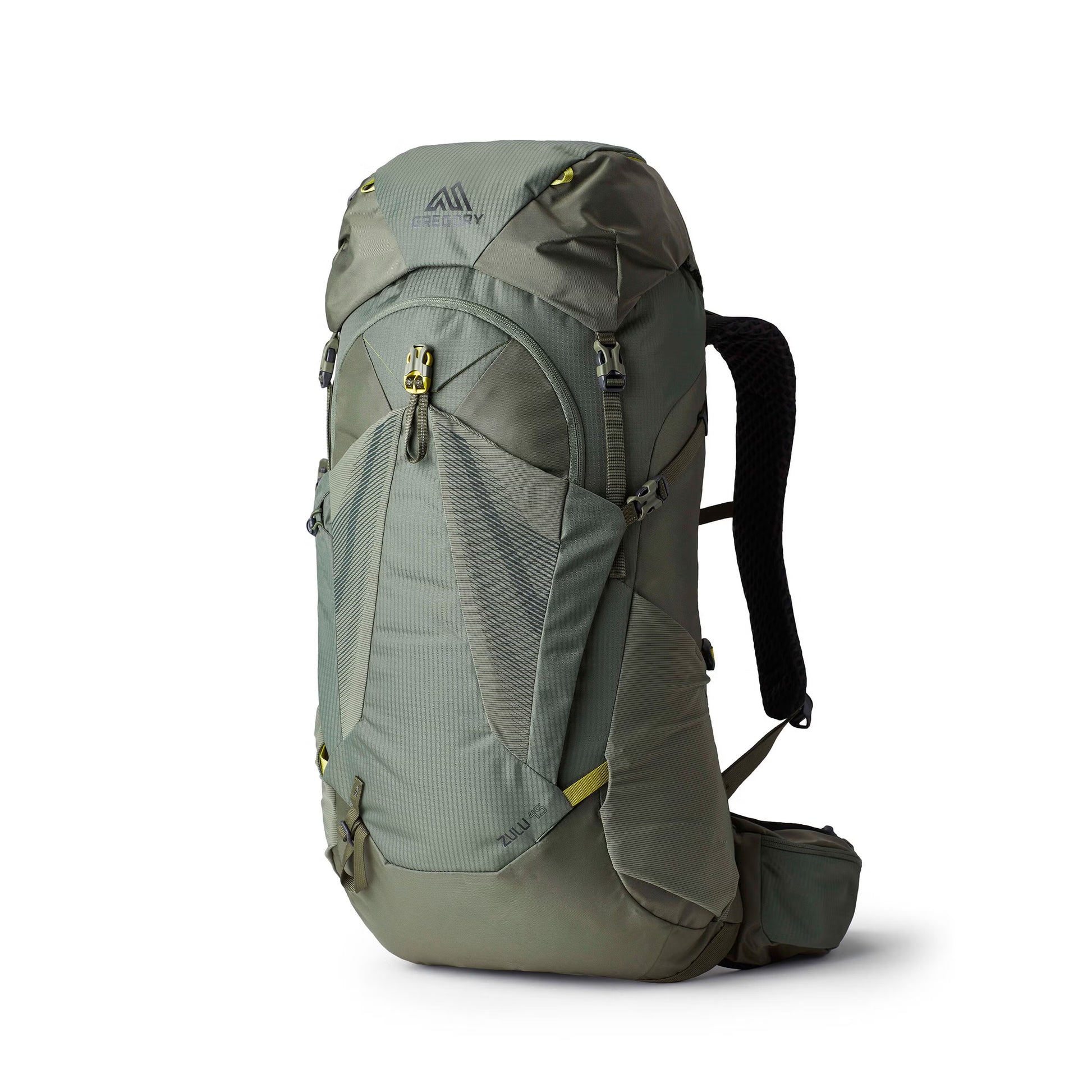 Gregory Zulu 45L Men's Backpack in Forage Green - Front View with FreeFloat suspension and U-zip access