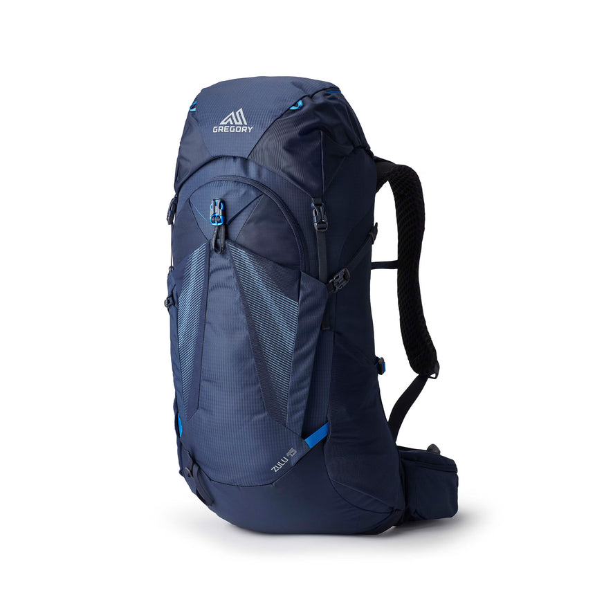 Gregory Zulu 45L Men's Backpack in Halo Blue - Front View with men-specific geometry