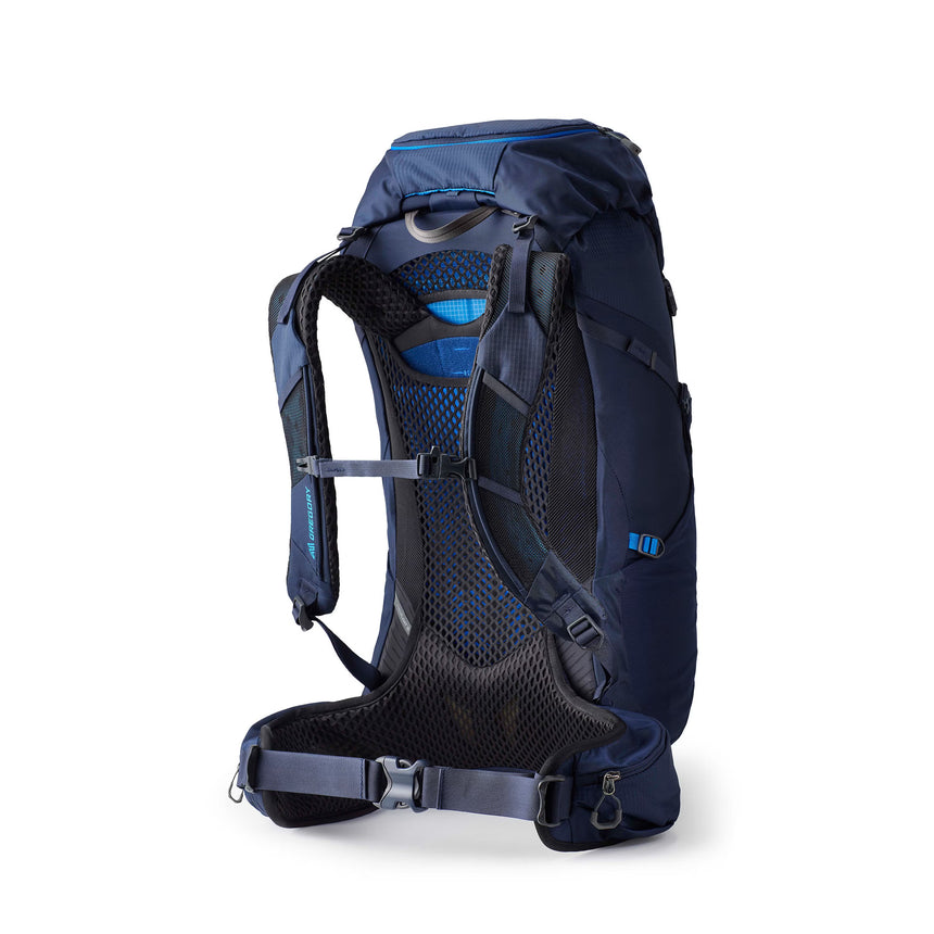 Gregory Zulu 45L Men's Backpack in Halo Blue - Back View showing perimeter frame and mesh ventilation