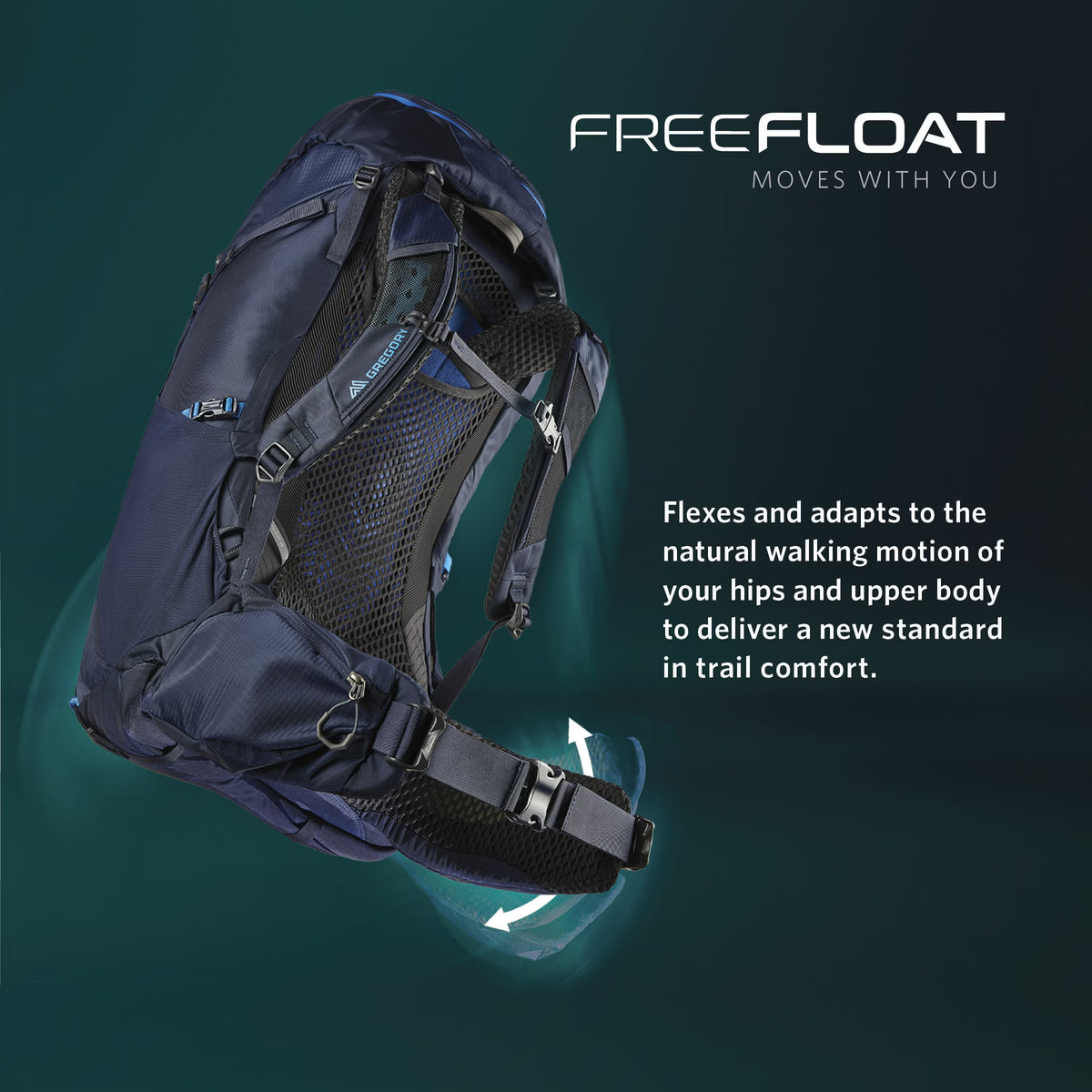 Gregory Zulu 65L FreeFloat Technology - dynamic hipbelt that moves with your body for heavy loads