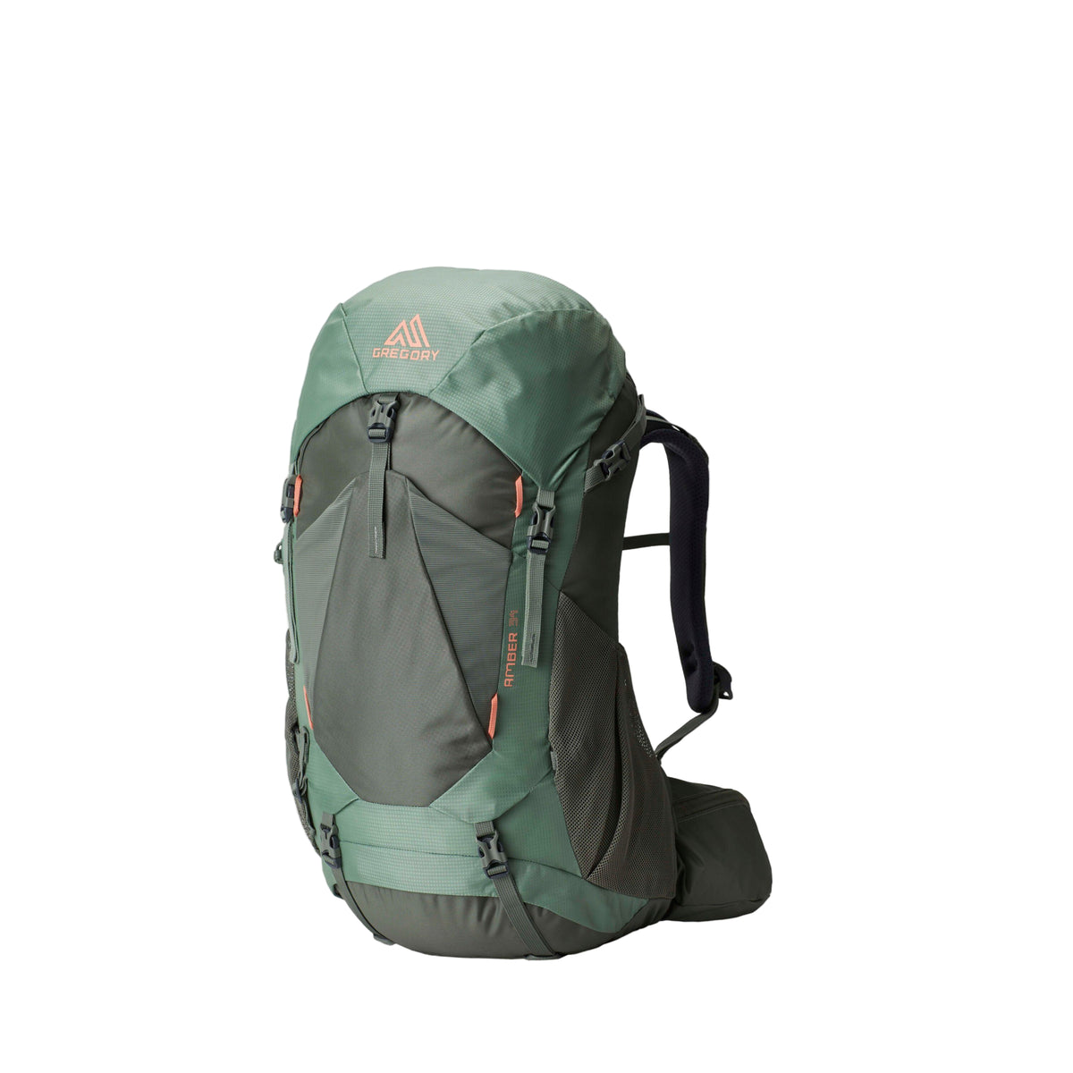 Gregory Amber 34L Women's Backpack in Lichen Green - Front View showing adjustable straps and mesh pockets