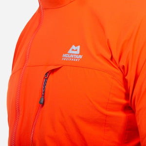 Mountain Equipment Squall Hooded Men's Jacket close up front logo pocket cardinal orange
