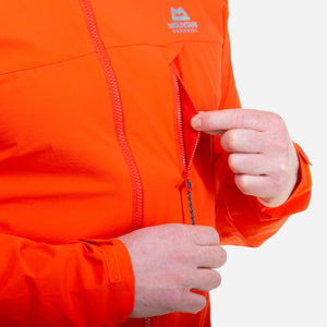 Mountain Equipment Squall Hooded Men's Jacket close up angle zip cardinal orange