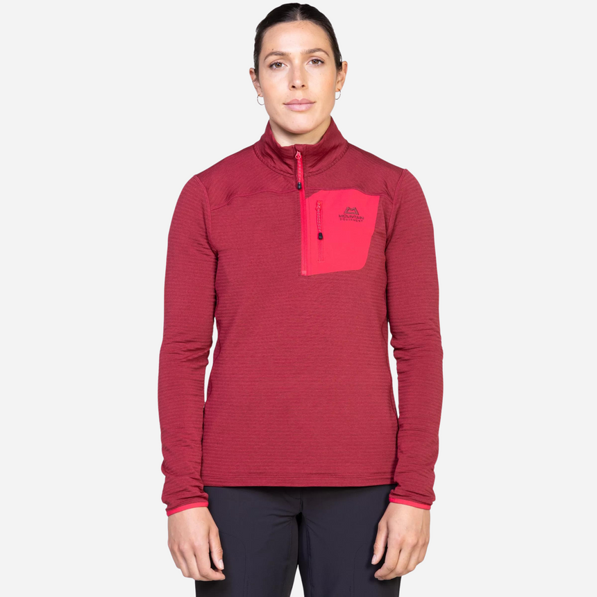 Mountain Equipment Lumiko Women's Zip T Outdoor Action Rhubarb/Capsicum- front fit on women