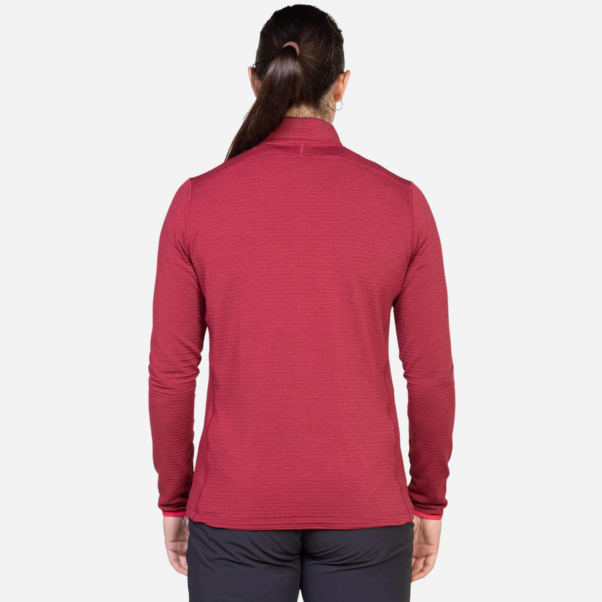 Mountain Equipment Lumiko Women's Zip T Outdoor Action Rhubarb/Capsicum- back fit on model