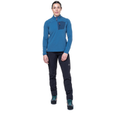 Mountain Equipment Lumiko Women's Zip T Outdoor Action Stellar/Majolica- front fit on model