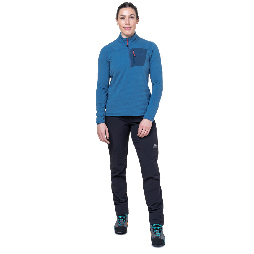 Mountain Equipment Lumiko Women's Zip T Outdoor Action Stellar/Majolica- front fit on model