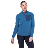 Mountain Equipment Lumiko Women's Zip T Outdoor Action Stellar/Majolica- front fit on model