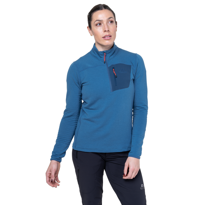 Mountain Equipment Lumiko Women's Zip T Outdoor Action Stellar/Majolica- front fit on model