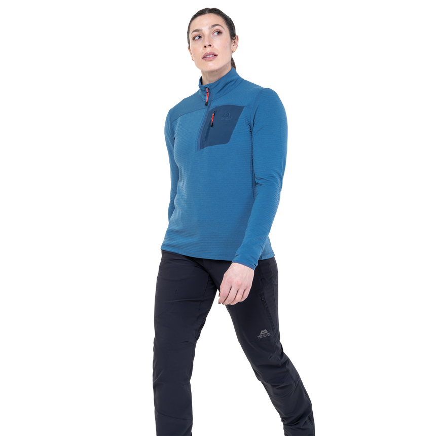 Mountain Equipment Lumiko Women's Zip T Outdoor Action Stellar/Majolica- front fit on model