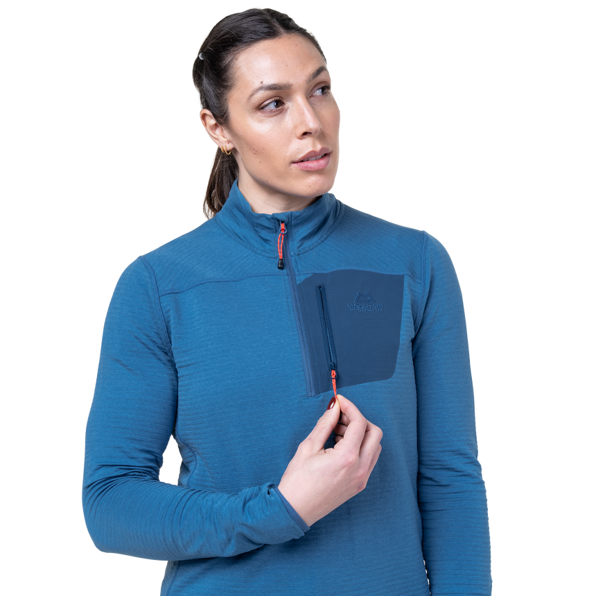 Mountain Equipment Lumiko Women's Zip T Outdoor Action Stellar/Majolica- pocket