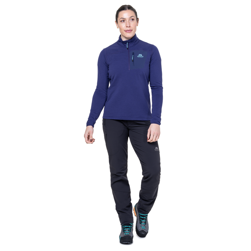 Mountain Equipment Lumiko Women's Zip T Outdoor Action Amethyst/Medieval- front fit on model
