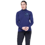 Mountain Equipment Lumiko Women's Zip T Outdoor Action Amethyst/Medieval- front fit on model