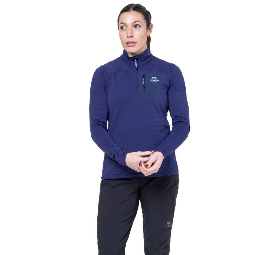 Mountain Equipment Lumiko Women's Zip T Outdoor Action Amethyst/Medieval- front fit on model