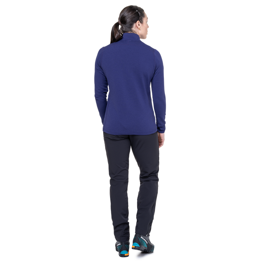 Mountain Equipment Lumiko Women's Zip T Outdoor Action Amethyst/Medieval- back fit on model