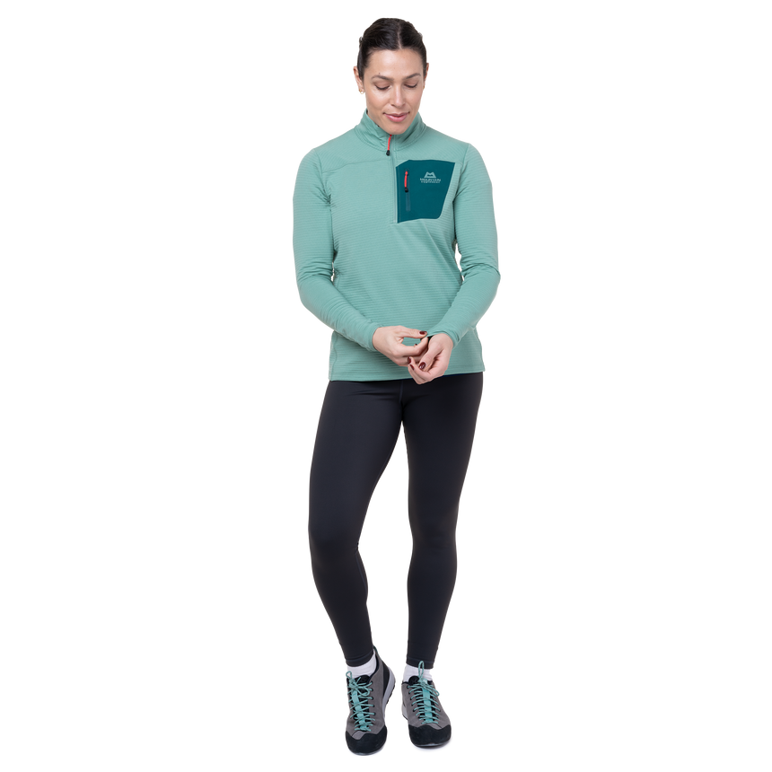Mountain Equipment Lumiko Women's Zip T Outdoor Action Lichen Green/D Teal- cuff