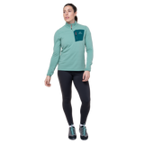 Mountain Equipment Lumiko Women's Zip T Outdoor Action Lichen Green/D Teal- front fit on model