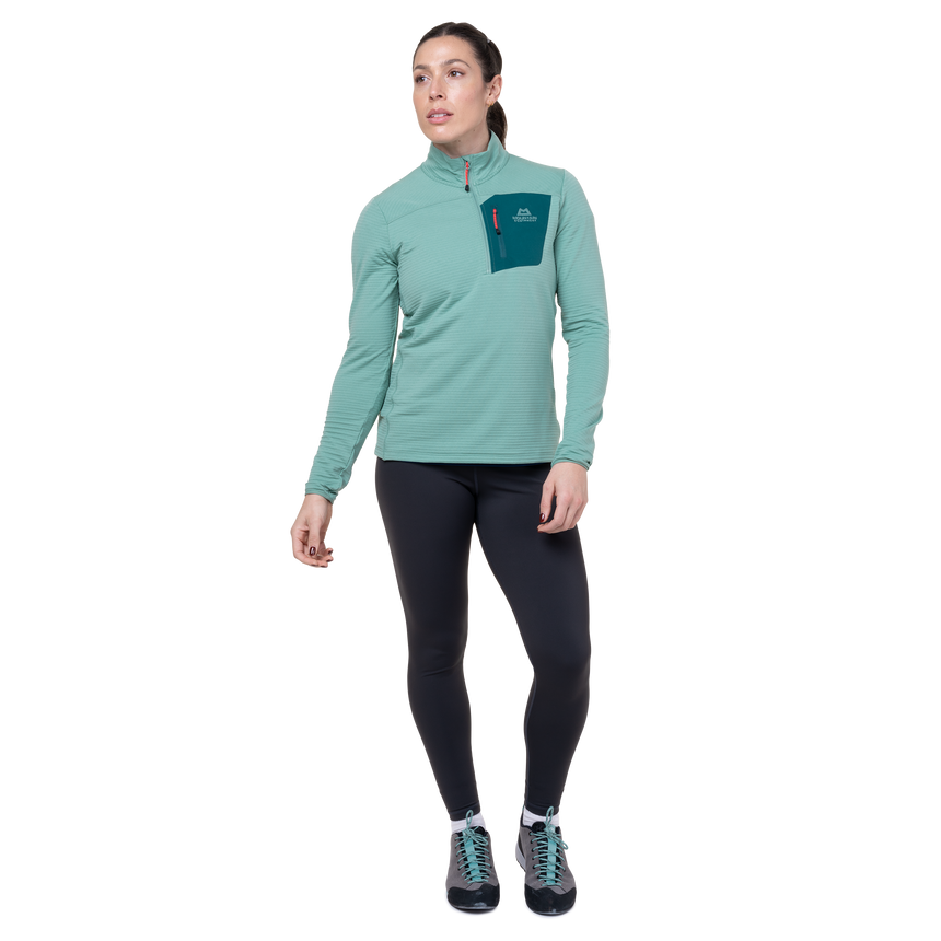Mountain Equipment Lumiko Women's Zip T Outdoor Action Lichen Green/D Teal- front fit on model