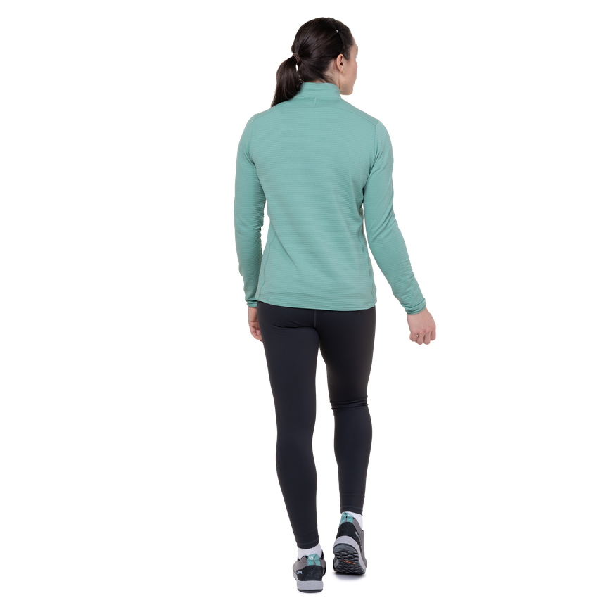Mountain Equipment Lumiko Women's Zip T Outdoor Action Lichen Green/D Teal- back fit on model