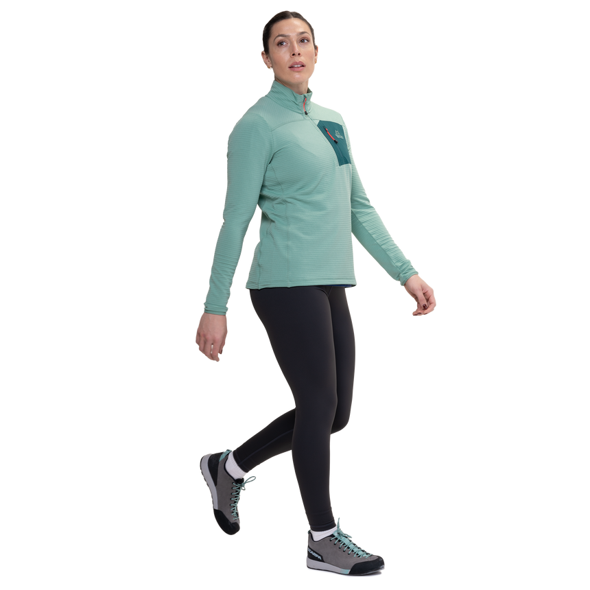 Mountain Equipment Lumiko Women's Zip T Outdoor Action Lichen Green/D Teal- side fit on model
