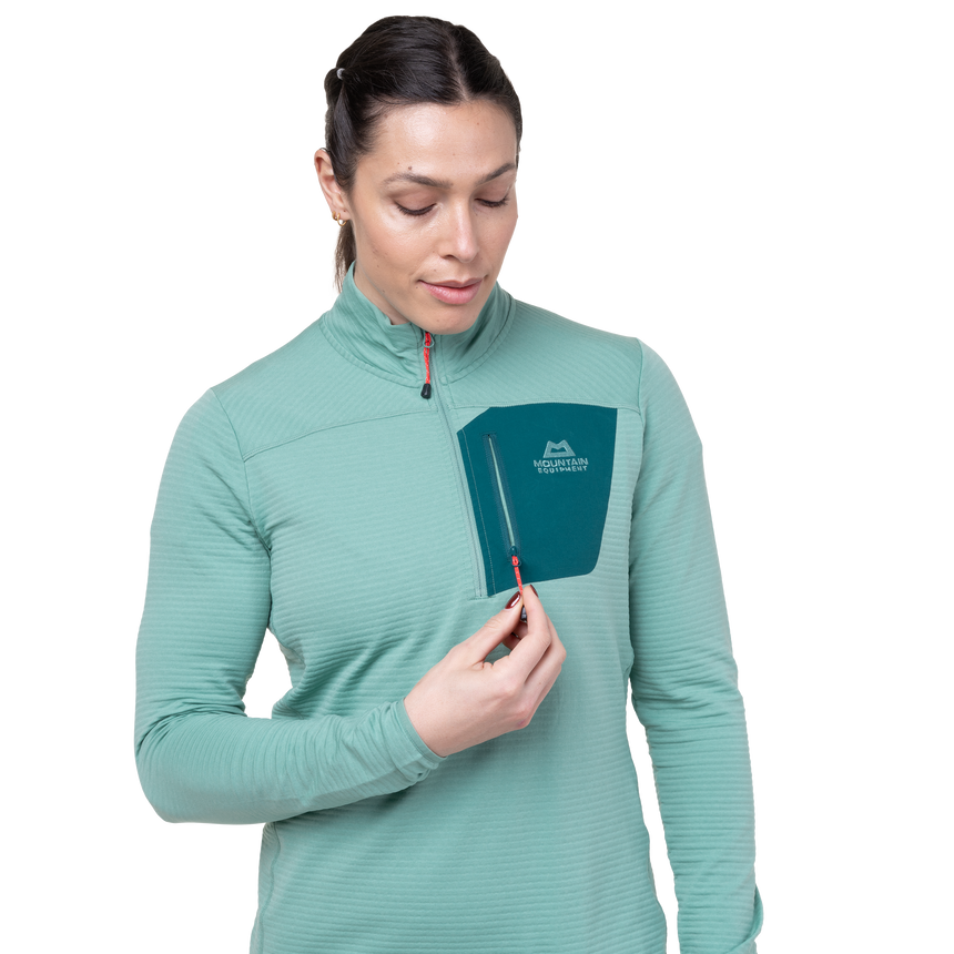 Mountain Equipment Lumiko Women's Zip T Outdoor Action Lichen Green/D Teal- pocket