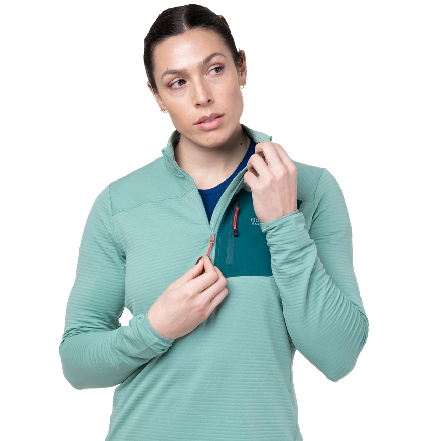 Mountain Equipment Lumiko Women's Zip T Outdoor Action Lichen Green/D Teal- zip