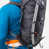 Mountain Equipment Orcus 28+ Backpack Outdoor Action Anvil Grey - Close up side floating storage