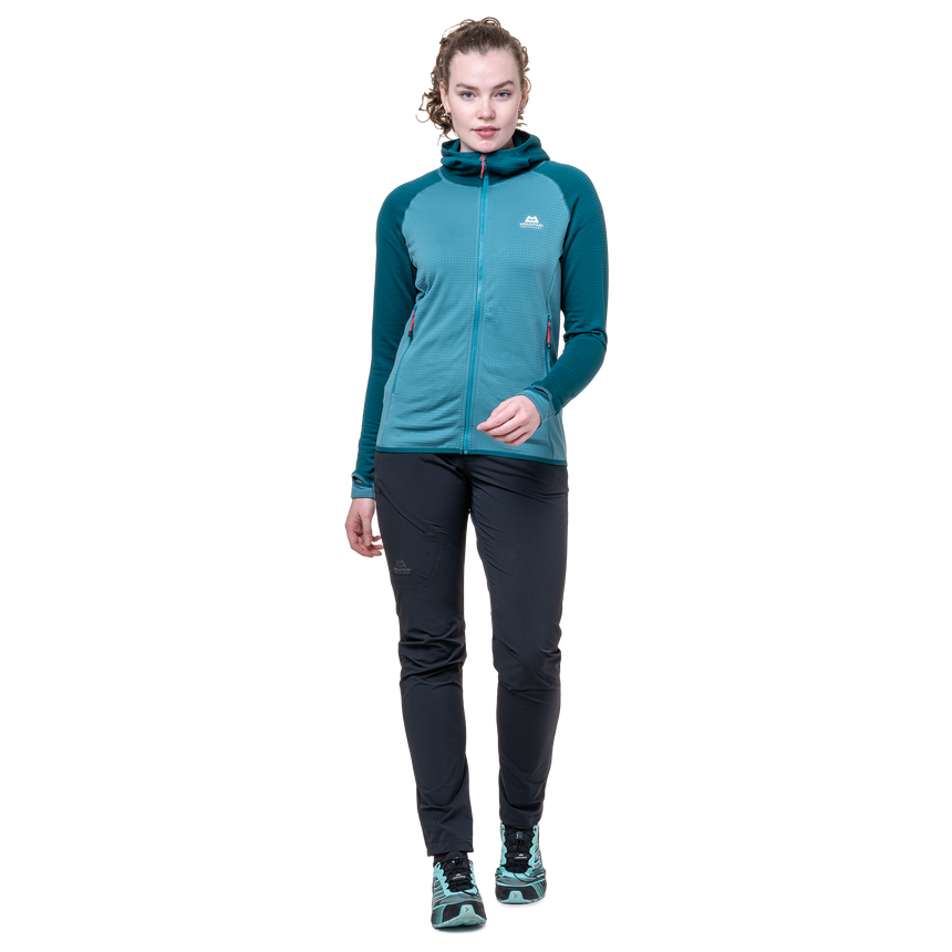 Mountain Equipment Eclipse Hooded Women's Jacket Outdoor Action Topaz/Medieval- front fit on model