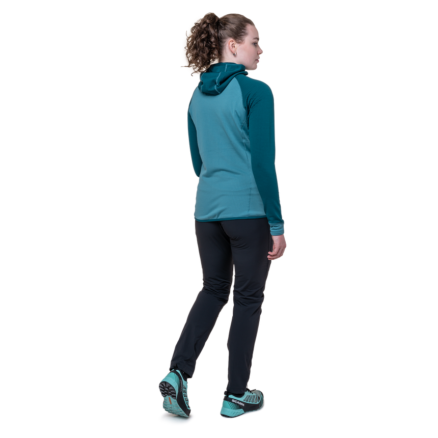 Mountain Equipment Eclipse Hooded Women's Jacket Outdoor Action Topaz/Medieval- back fit on model