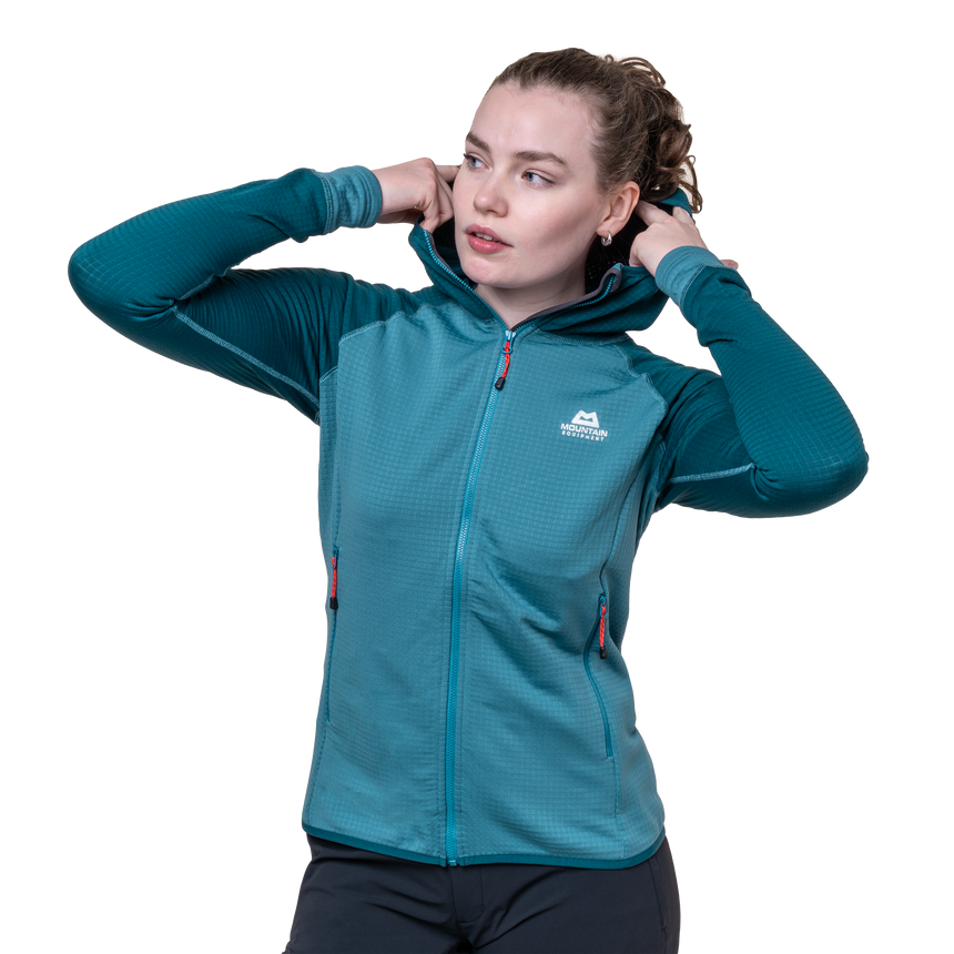 Mountain Equipment Eclipse Hooded Women's Jacket Outdoor Action Topaz/Medieval- front fit