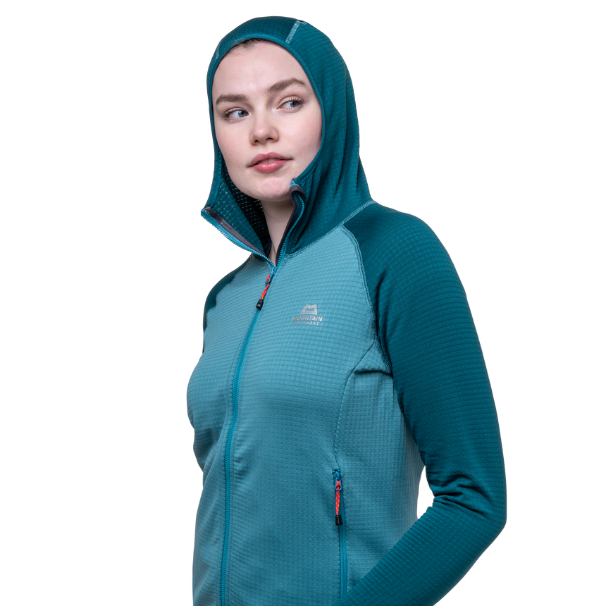 Mountain Equipment Eclipse Hooded Women's Jacket Outdoor Action Topaz/Medieval- front fit