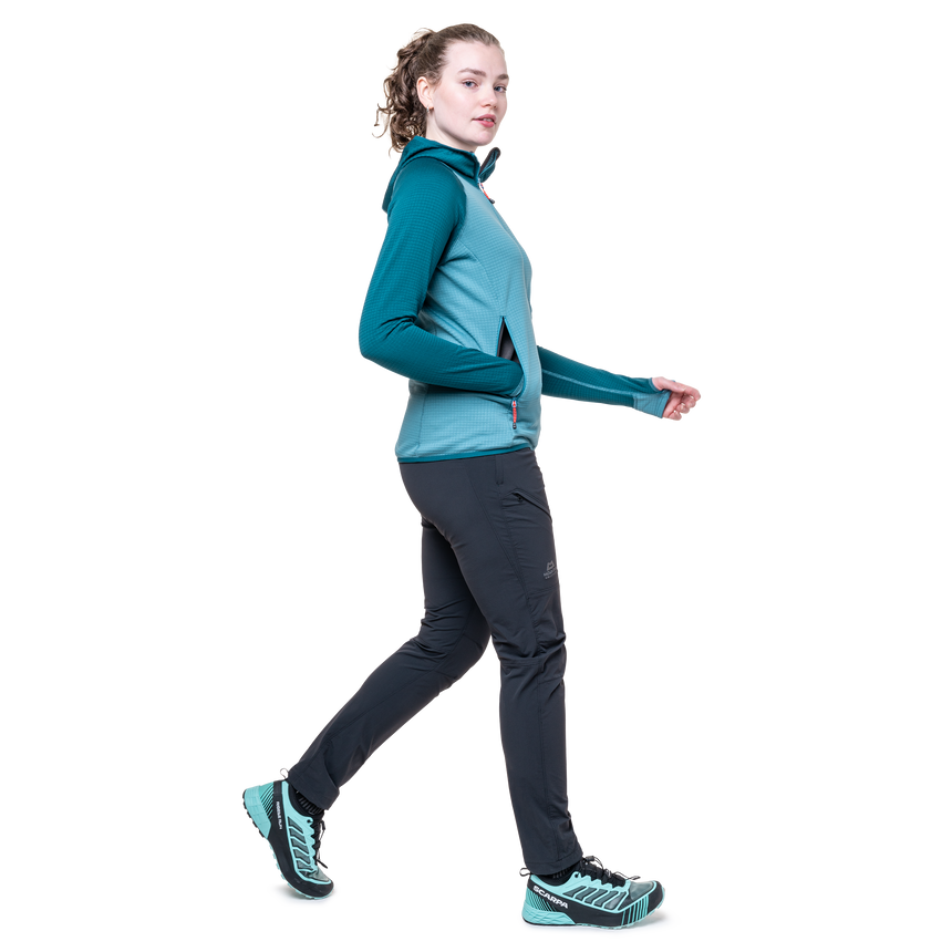 Mountain Equipment Eclipse Hooded Women's Jacket Outdoor Action Topaz/Medieval- side fit on model