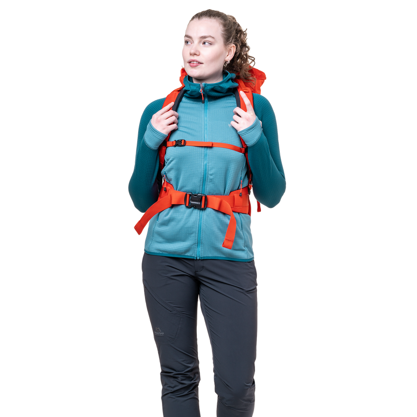 Mountain Equipment Eclipse Hooded Women's Jacket Outdoor Action Topaz/Medieval- front fit on model