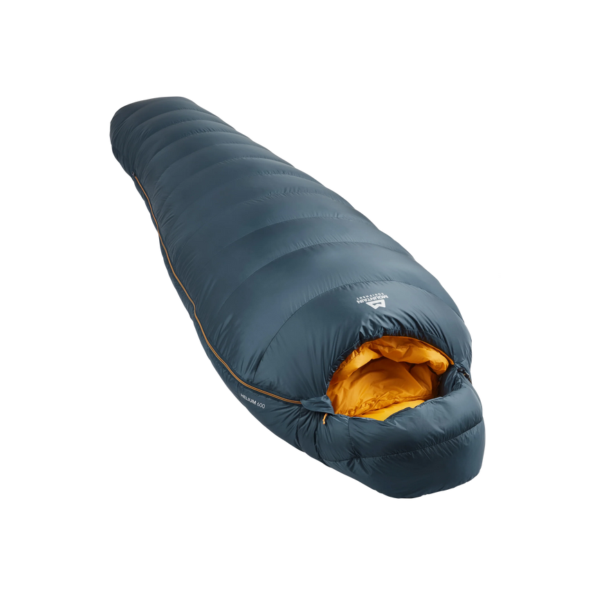 Mountain Equipment Helium 600 Sleeping Bag Outdoor Action Majolica Blue - Slanted Full Length