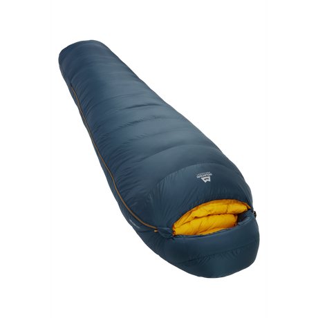 Mountain Equipment Helium 800 Sleeping Bag Outdoor Action Majolica Blue- slanted full length